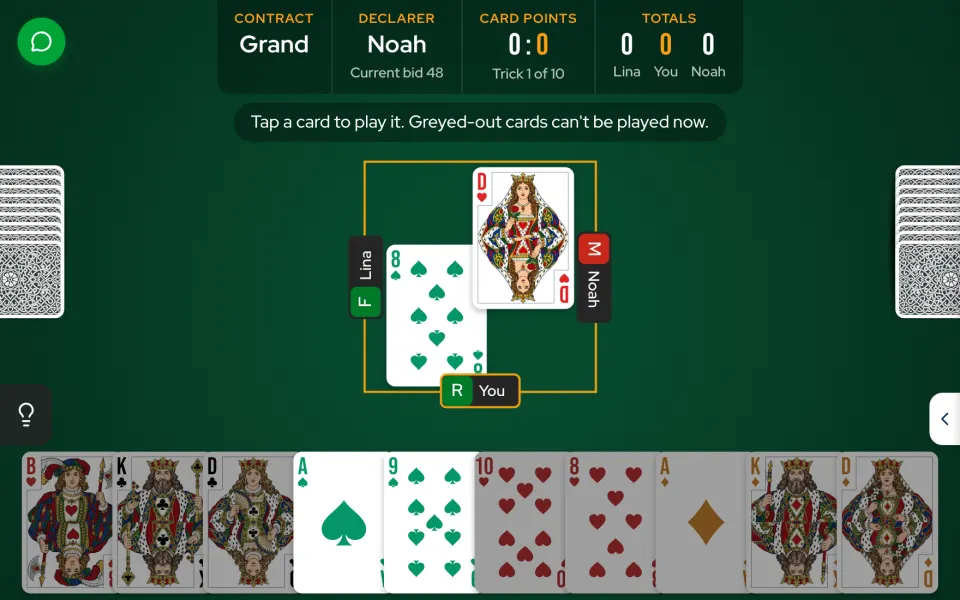 SkatGo's table: your cards at the bottom, the trick in the middle, Lina and Noah left and right.